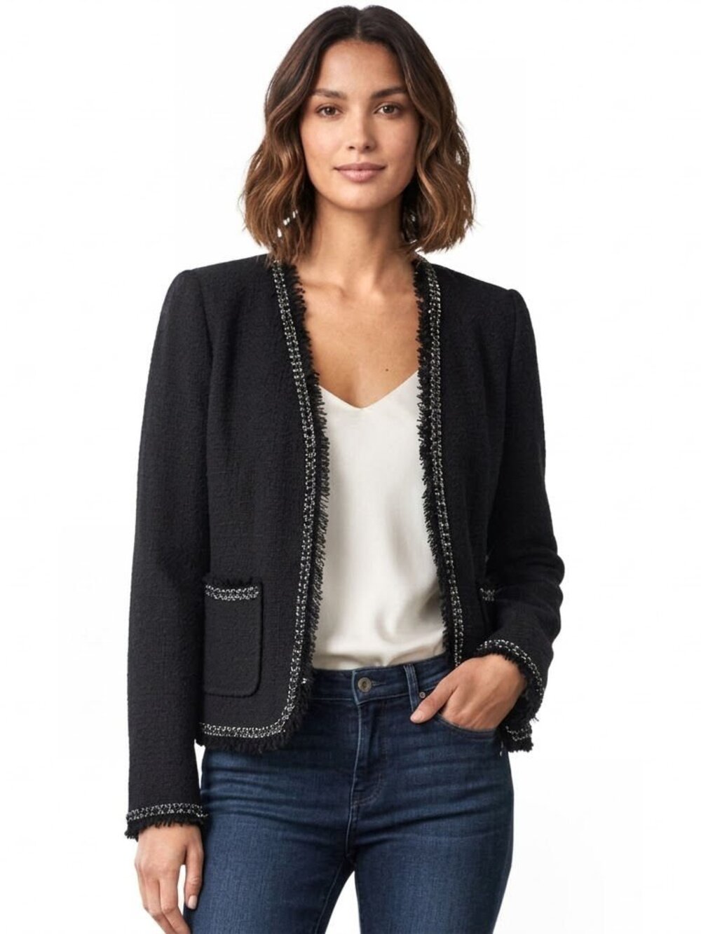 Rebecca Taylor Black Bouclé Fringe Trim Chain Link Jacket Navy, Womens Size 6 US